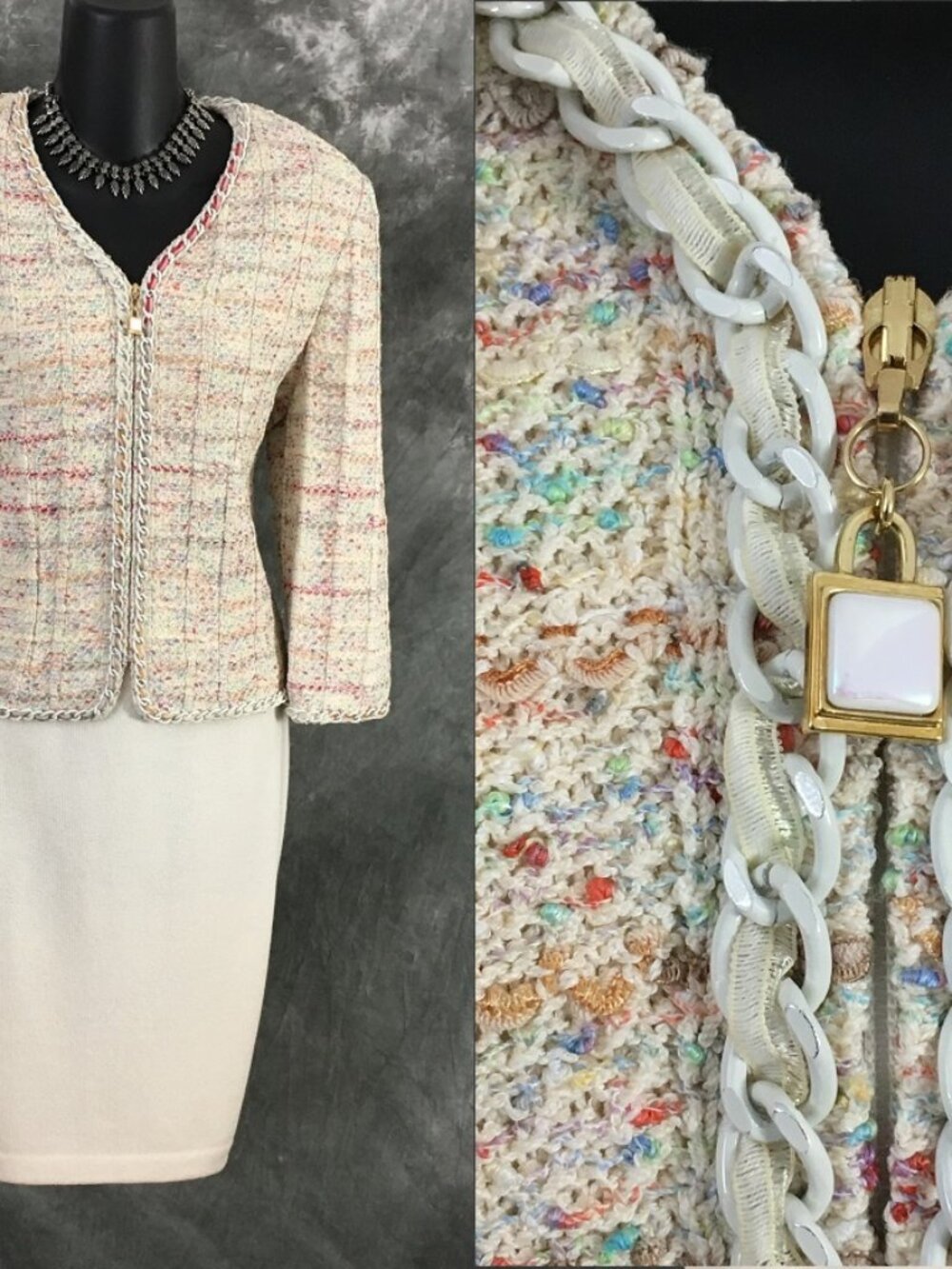 BEAUTIFUL st john couture knit ivory multi jacket skirt suit size 4 6